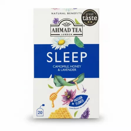 Box of Ahmad Tea Sleep blend featuring camomile, honey and lavender