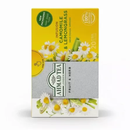 Side view of Ahmad Tea Camomile & Lemongrass Infusion box showing branding without price