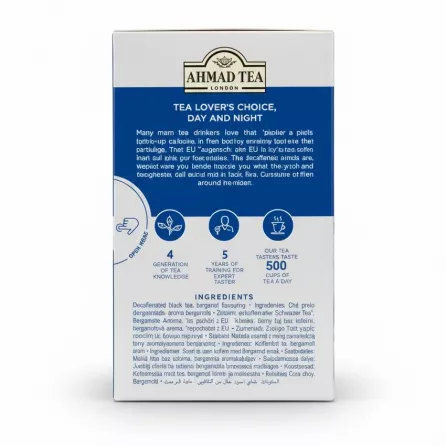 Back of Ahmad Tea Decaffeinated Earl Grey box with product description and ingredient details