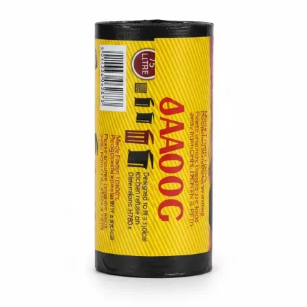 Back view of Saaye garbage bags showing barcode and product details