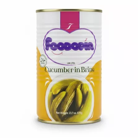 Foodopia brand can of mini cucumbers in brine