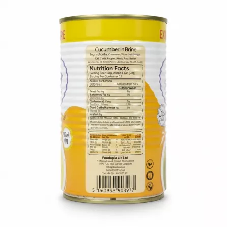 Nutrition facts and ingredients label on Foodopia cucumber can