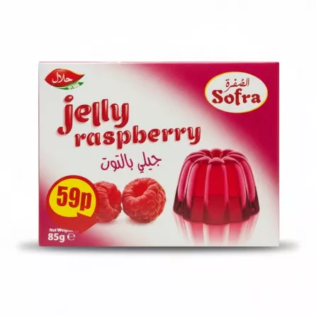 Sofra Raspberry Flavoured Jelly front packaging showing jelly and raspberries