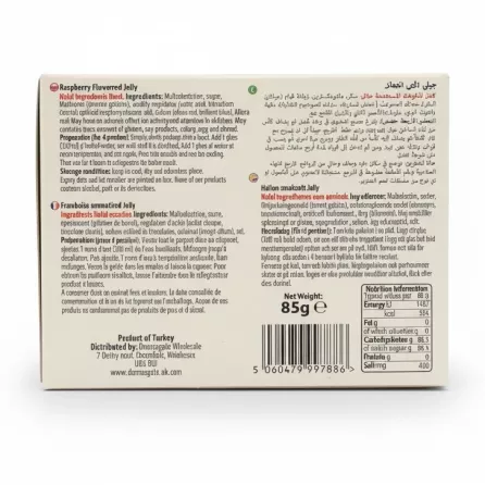 Sofra Raspberry Flavoured Jelly back packaging with ingredients and nutritional info