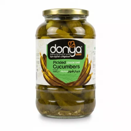 Jar of Donya Pickled Grade One Cucumbers with label