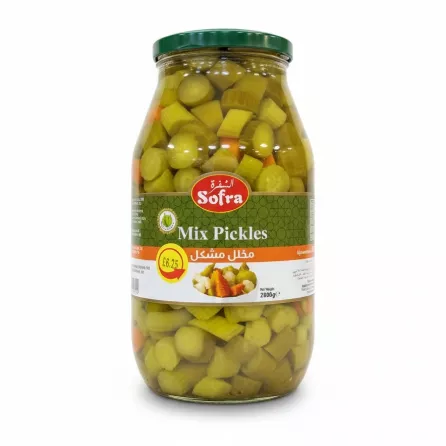 Jar of Sofra Mix Pickles showing sliced pickled cucumbers and carrots in brine