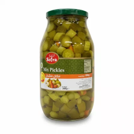 Close-up of Sofra Mix Pickles jar with product information and net weight