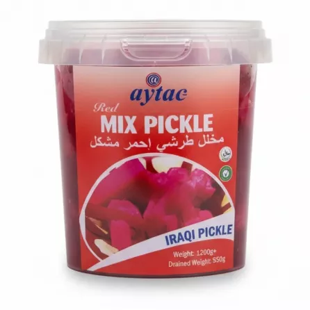 Front view of Aytac Red Mix Pickle plastic tub with product label visible