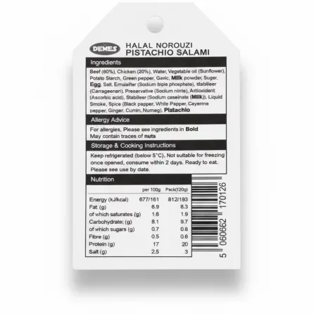 Close-up of ingredients and nutritional facts tag on Demes Halal Norouzi Pistachio Salami