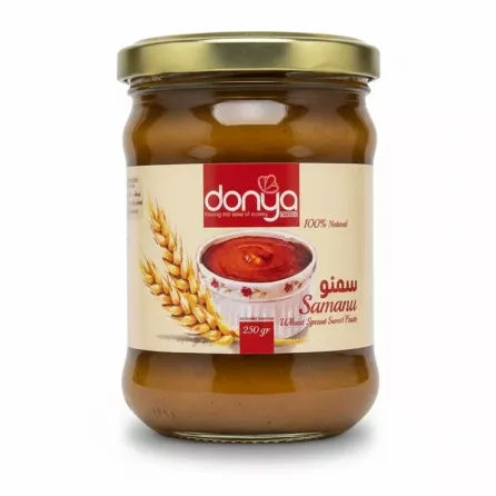 Jar of Donya Foods Samanu wheat sprout sweet paste with label showing wheat illustration on a white background