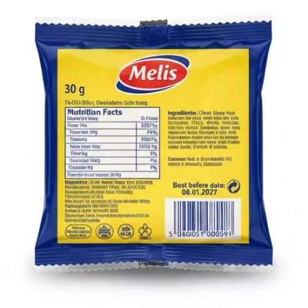 Melis Cheddar Cheese packaged slices back with nutritional info