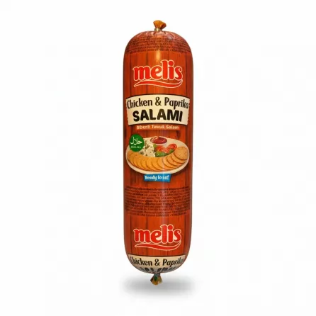 Melis Chicken & Paprika Salami in brown packaging held in hand with halal label