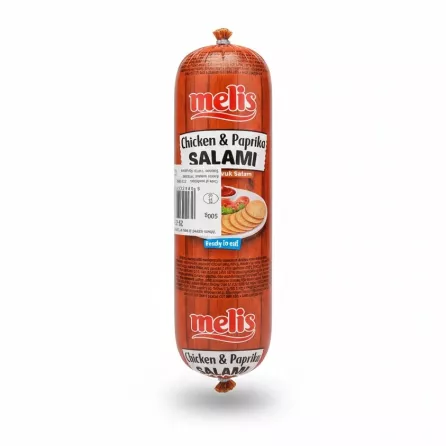 Front view of Melis Chicken & Paprika Salami showing product label and price sticker