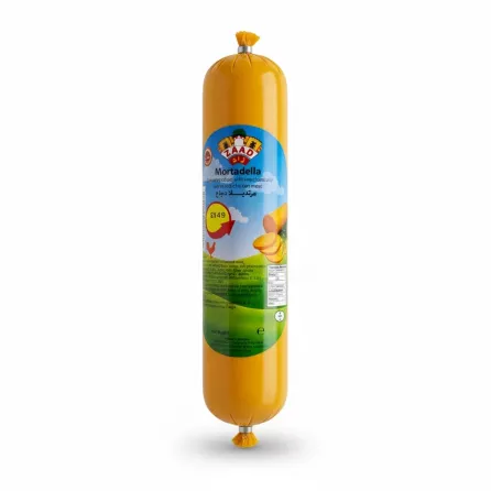 Zaad brand chicken mortadella in sealed yellow tube held in hand