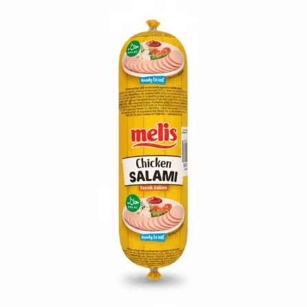 Melis Chicken Salami wrapped in yellow packaging with halal logo