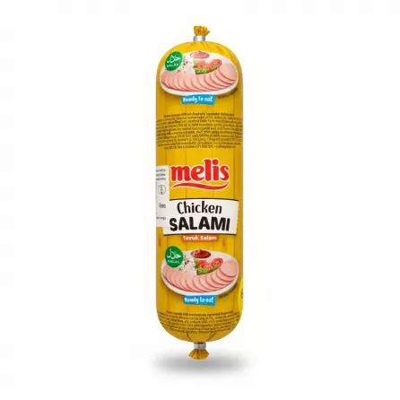 Close view of Melis Chicken Salami packaging showing label and halal certification