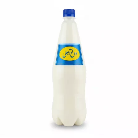 Bottle of Doogh Ajeeli traditional yogurt drink with blue cap and yellow-blue label