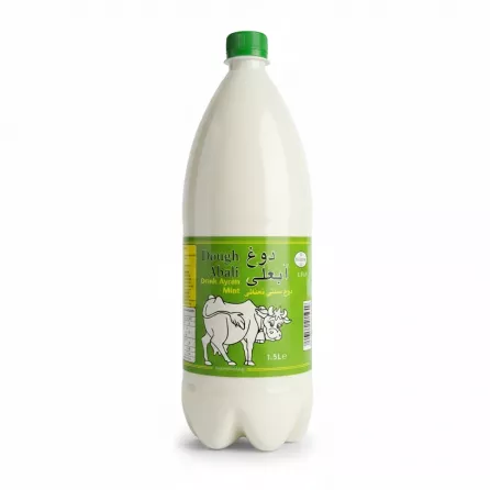 1.5L bottle of Abali Dough Mint Drink Ayran with green label and cow illustration