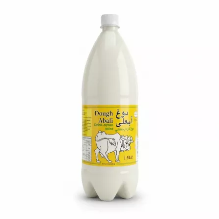 1.5L bottle of Dough Abali Mint Ayran drink with yellow label and cow graphic