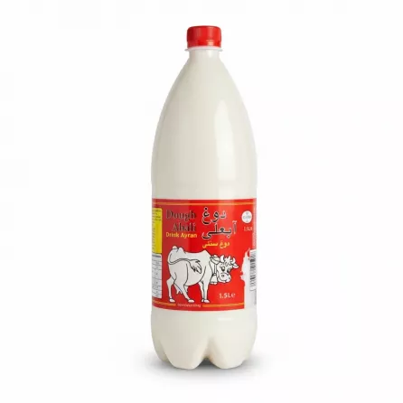 1.5L bottle of Abali Dough sparkling ayran drink with red label and cow illustration