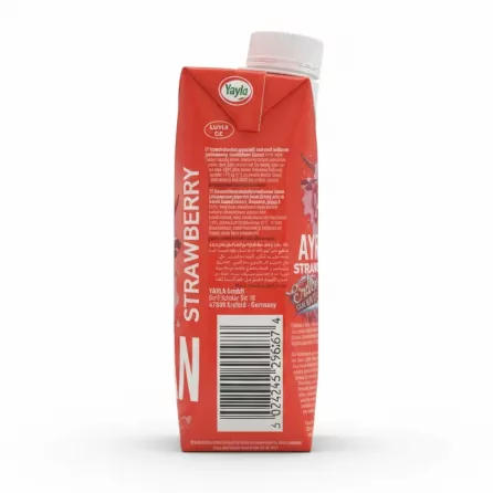 Yayla strawberry ayran drink carton side with ingredients and halal logo