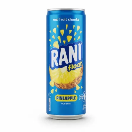 Can of Rani Float pineapple fruit drink with bright blue packaging and pineapple image