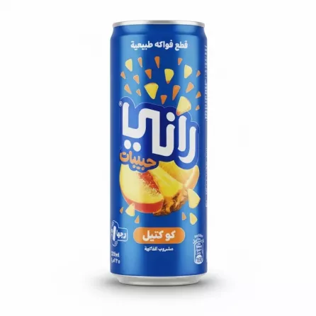 Can of Rani Fruit Cocktail with peach and pineapple images on blue can