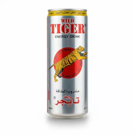 Wild Tiger Energy Drink silver can with tiger logo