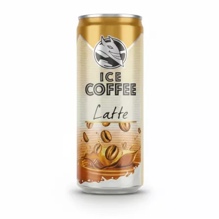 Can of Halalo Ice Coffee Latte with coffee beans and splash design