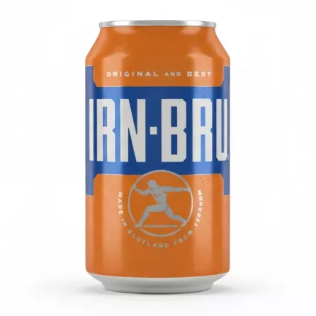 Orange can of Irn-Bru sparkling soft drink held in hand