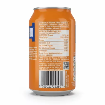 Back view of Irn-Bru can displaying ingredients, nutrition info, and barcode