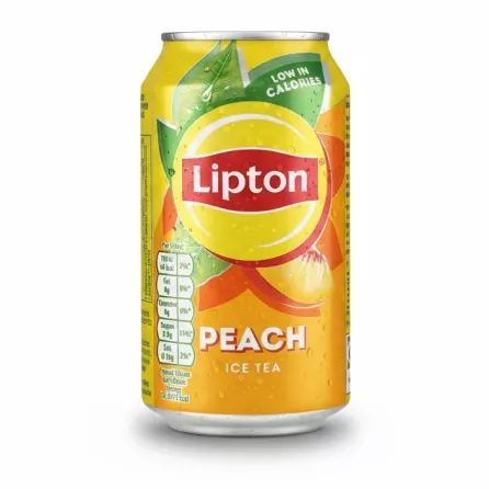 Can of Lipton Peach Ice Tea held in hand