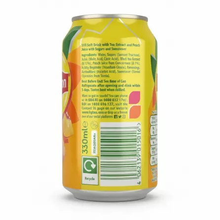Back view of Lipton Peach Ice Tea can showing ingredients and barcode
