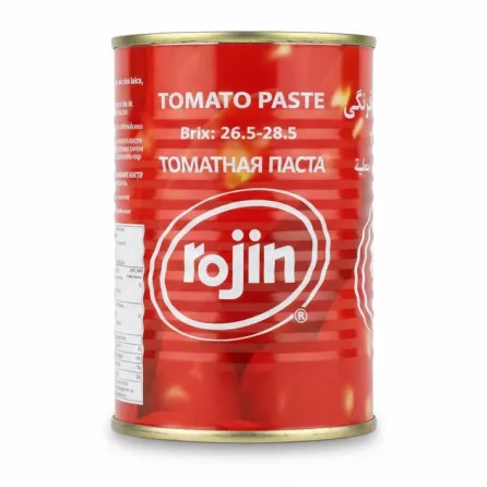 Rojin tomato paste can side label with brand and product description