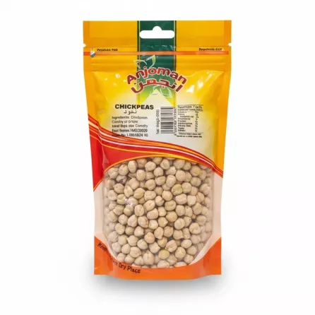 Package of Anjoman brand chickpeas showing front with clear pouch on a white background