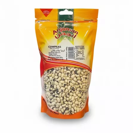 Anjoman brand cowpeas (black eyed beans) in a resealable plastic package, showing front with product details