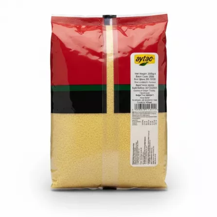 Aytac Foods Bulgur Fine yellow grains in sealed package back view with nutritional info