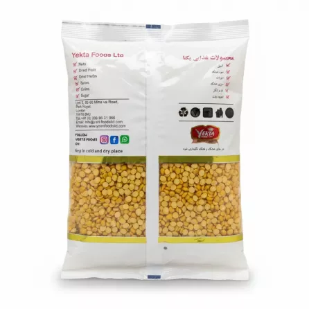 Packaged yellow split peas back label and contact info