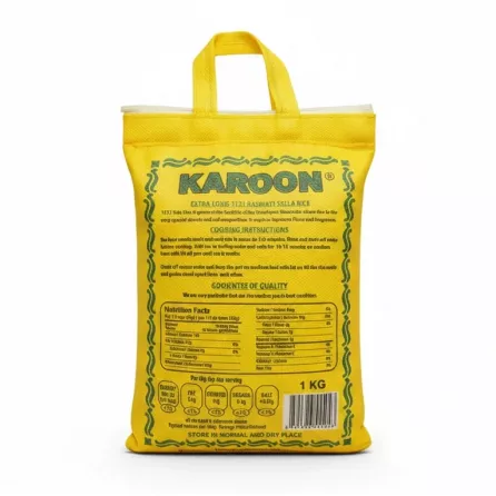 Karoon Extra Long 1121 Basmati Sella Rice bag back with cooking instructions and nutrition