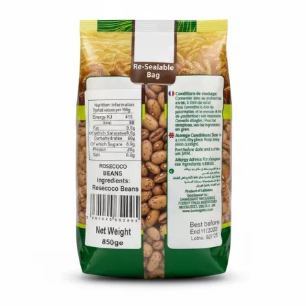Back of Sofra Rosecoco Beans pack with nutrition and storage information