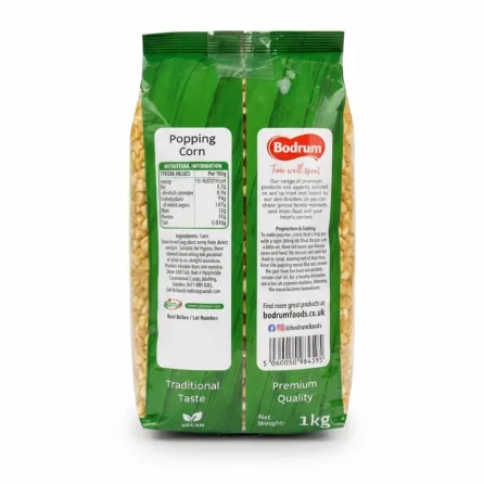 Back of Bodrum popping corn bag showing nutritional info and cooking instructions