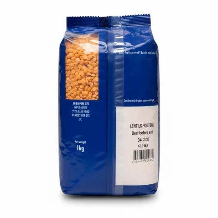 Side view showing 1kg pack weight and best before date of Al-Maeda lentils