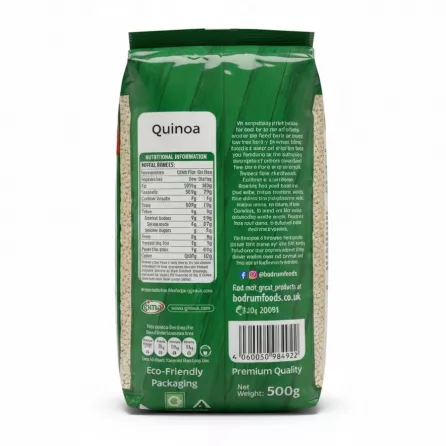 Bodrum quinoa grains pack back with nutrition and cooking info