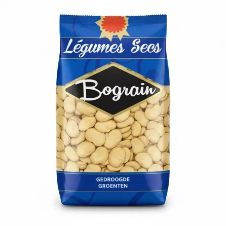 Bograin pack of split broad beans with blue and yellow packaging