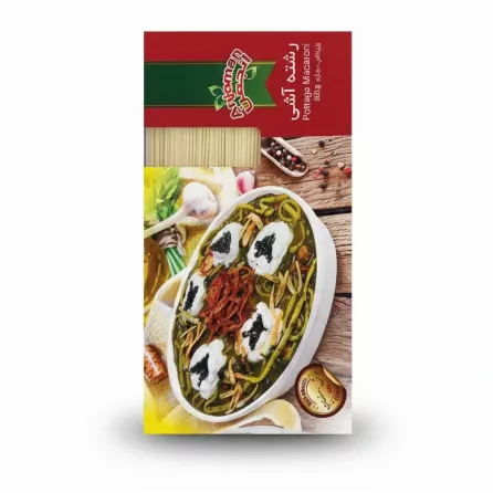 Anjoman brand Pottage Macaroni white noodle pasta pack showing noodles and serving suggestion
