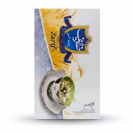 Packaged box of Zarif raw vermicelli noodles with branding and food image