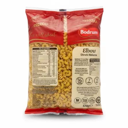 Back of Bodrum Elbow Pasta pack showing ingredients and cooking info