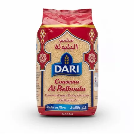 Packet of Dari brand barley couscous Al Belboula with red and gold packaging