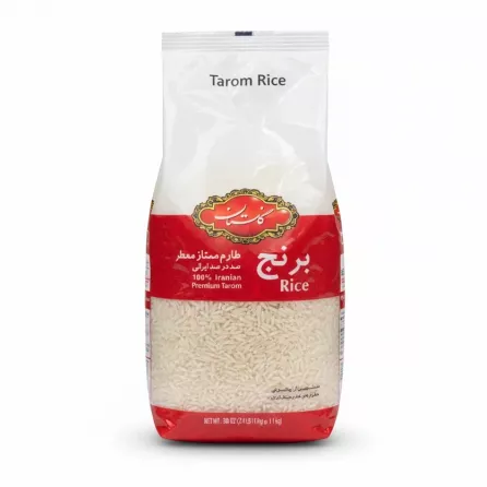 Front view of Golestan Premium Tarom Rice pack showing white rice grains