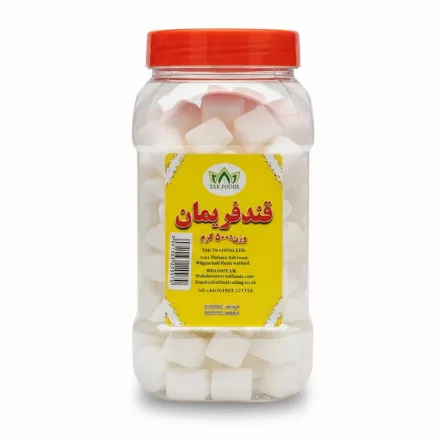 Clear jar of white sugar cubes with red lid by Tak Foods front label